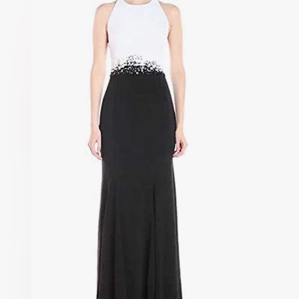 Carmen Marc Valvo Infusion Maxi Dress Beaded Waistline and  Open illusion back
